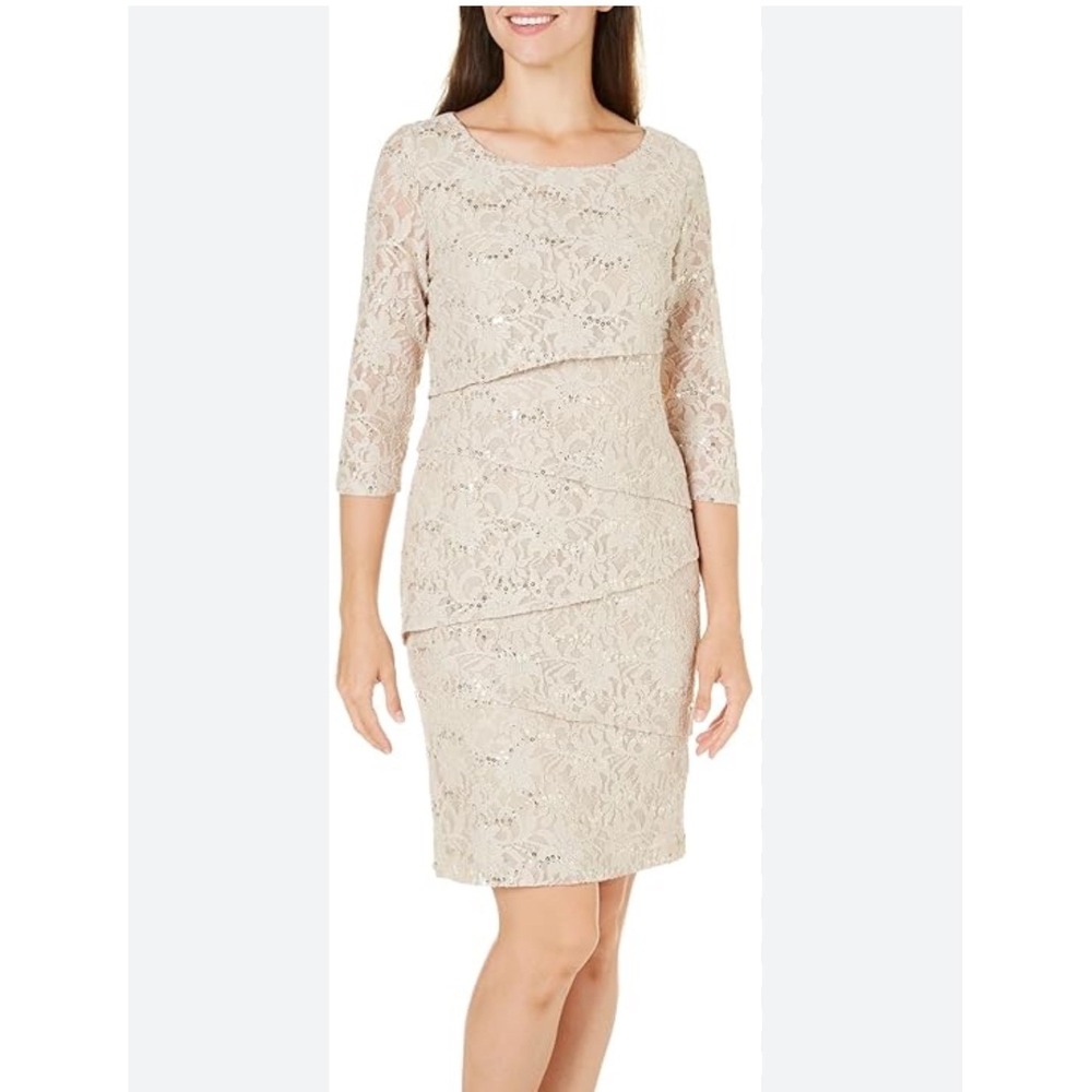 Ronni Nicole Women Taupe Floral Lace Sequin Tiered Sheath Cocktail Dress Size 10